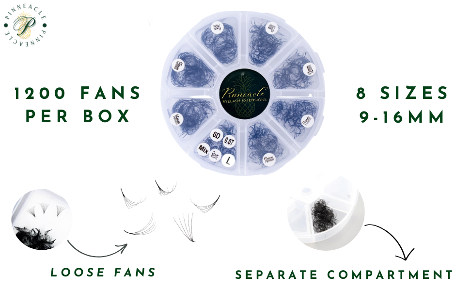 1200 Premade Volume Fans - 8 sizes in 1 box | Lengths: 11-18mm | 10D