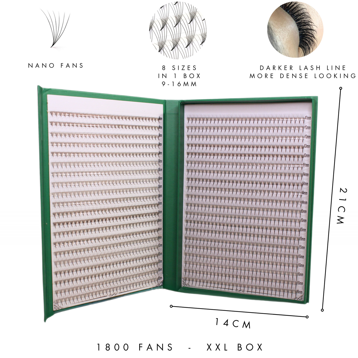 XXL Box | 1800 Fans | Nano Fans | 5D volume | 40 Lines| 8 sizes in 1 | Premade Volume Fans
