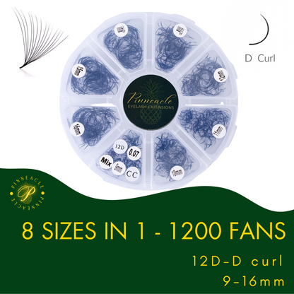 1200 Premade Volume Fans - 8 sizes in 1 box | Lengths : 9-16mm | Round Box | 12D