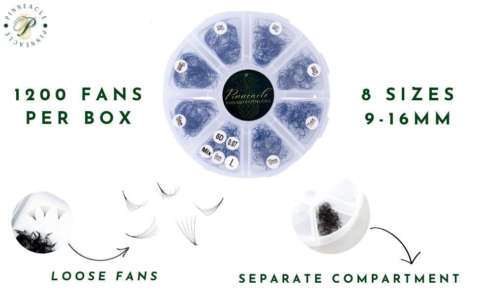 1200 Premade VolumeFans - 8 sizes in 1 box | Lengths:  9 -16mm | Round Box | 10D